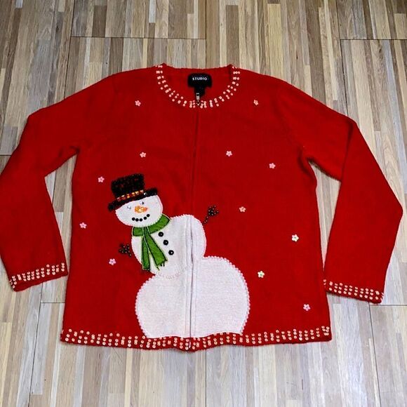 Red festive snowman sweater ugly Christmas sweater holiday red cardigan zipper - Picture 1 of 8